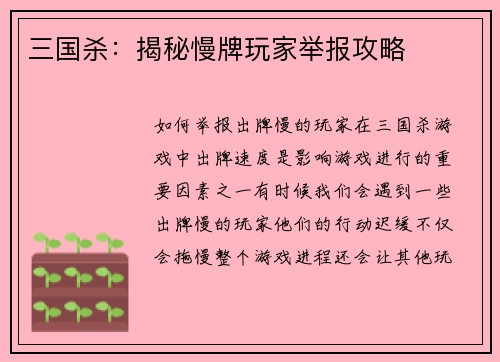三国杀：揭秘慢牌玩家举报攻略