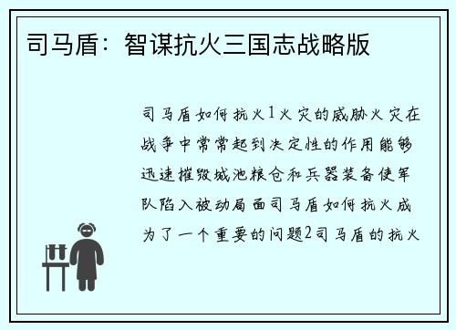 司马盾：智谋抗火三国志战略版
