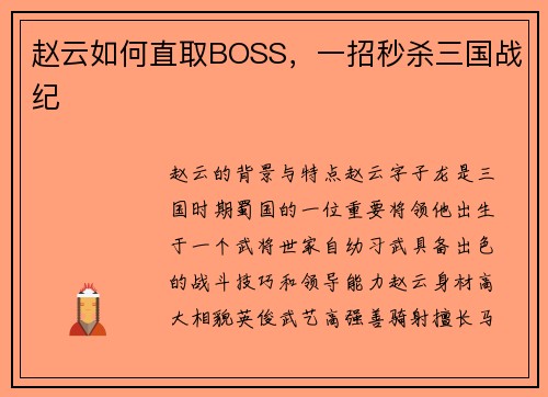 赵云如何直取BOSS，一招秒杀三国战纪